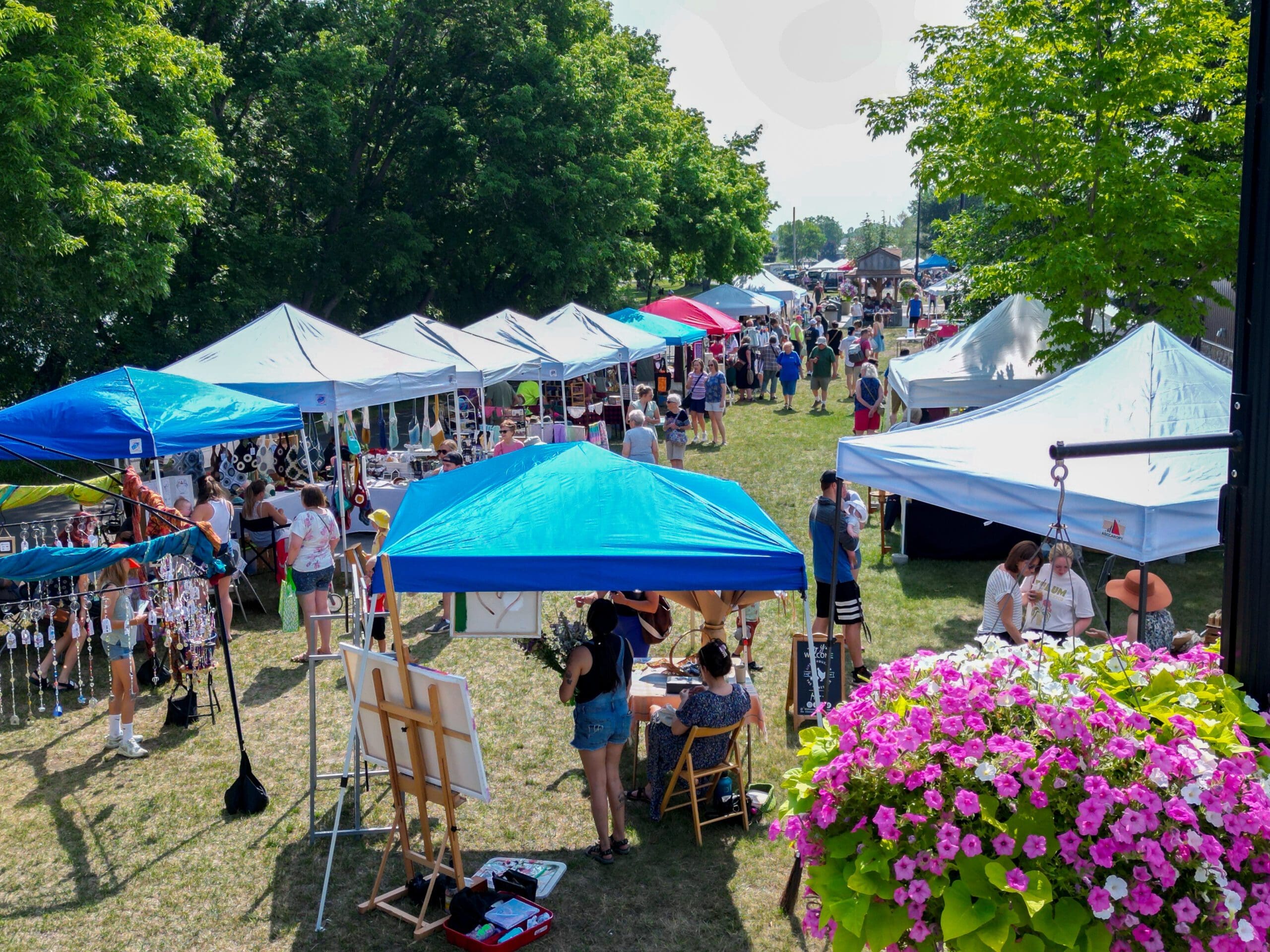Outdoor art and craft fair at Big Ole Park Alexandria MN, featuring white and blue tents, people browsing booths, green trees, and a hanging basket of pink flowers in the foreground on a sunny day.