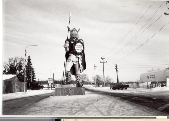 Ole was moved from the intersection of 3rd and Broadway to a new location a half block north on August 21, 1980 to install a new stoplight at the intersection. Photo courtesy of Douglas County Historical Society.