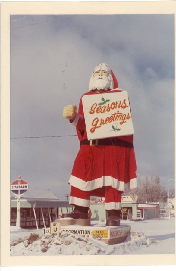Big Ole received some cheer during the Holiday season of 1966 when he was dressed up like Santa. Unfortunately Ole’s Christmas vacation came to a screeching halt in January of 1967 when his festive garb went up in flames due to a prank. Some sources state a flaming arrow was shot at poor Ole Clause. Photo courtesy of Douglas County Historical Society.