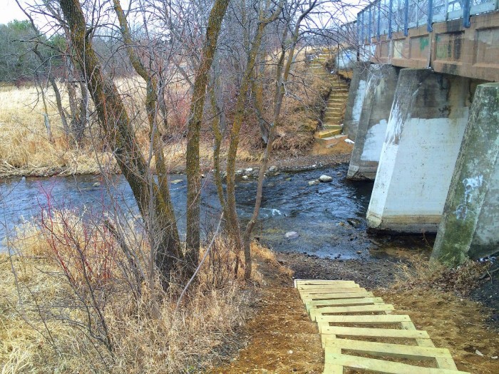 Newly built stairs from the trail leading down to the shores of Lake Cowdry and the connection to Lake Darling. 