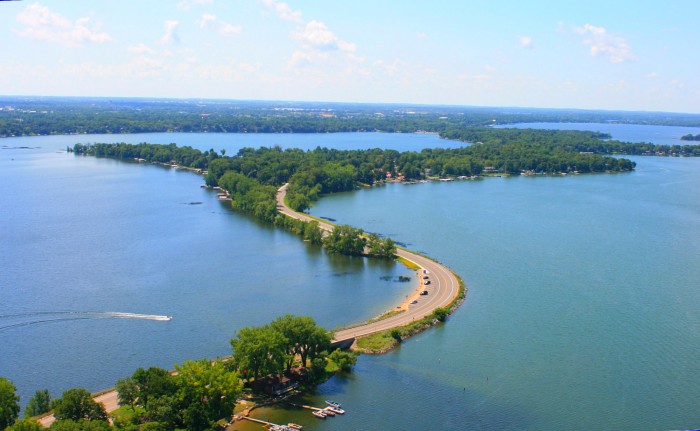 Overhead picture of Rotary Beach and the channel between Lake Le Homme Dieu and Lake Carlos. Photo by Cybersprout