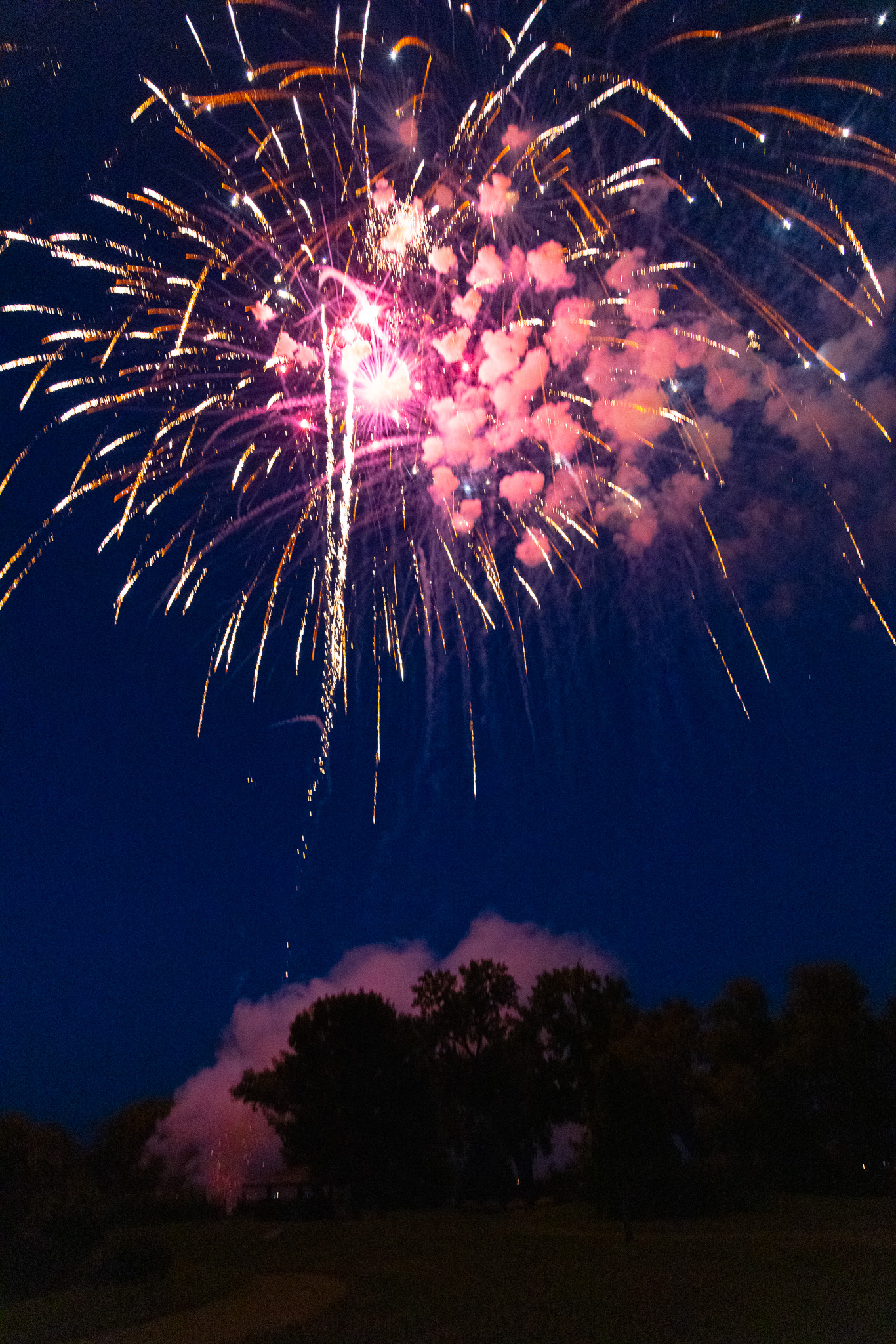 Bright, colorful fireworks from the Star Storm Fireworks Show burst and streak across a dark night sky above silhouetted trees, with pink and orange clouds of smoke glowing from the light of the explosions.