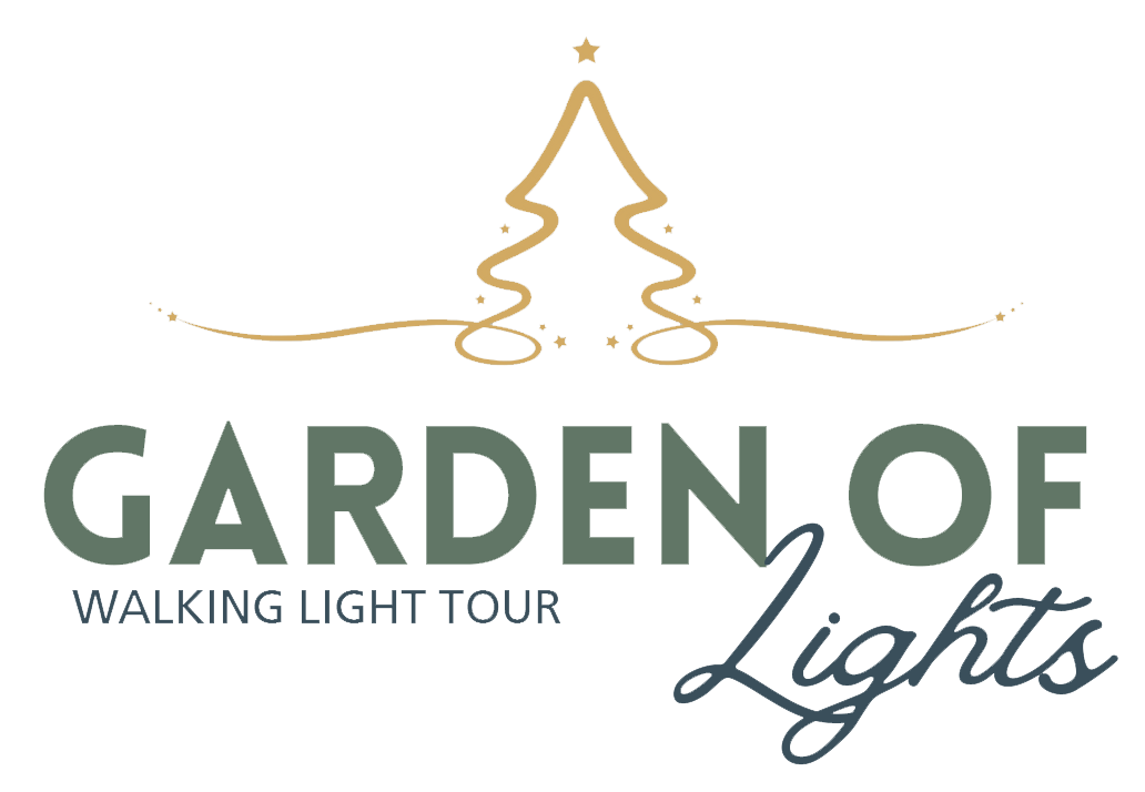 Logo for "Garden of Lights Walking Light Tour" at Christmas In Alex, featuring a stylized gold outline of a Christmas tree and star above the words. "Garden of" is in green and "Lights" in elegant script.