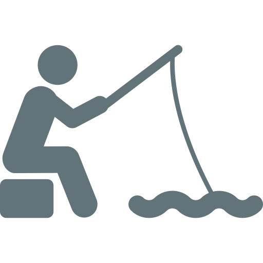 A simple gray icon of a person, styled as a Fishing Guide, sitting on a box while fishing and holding a rod over wavy water.