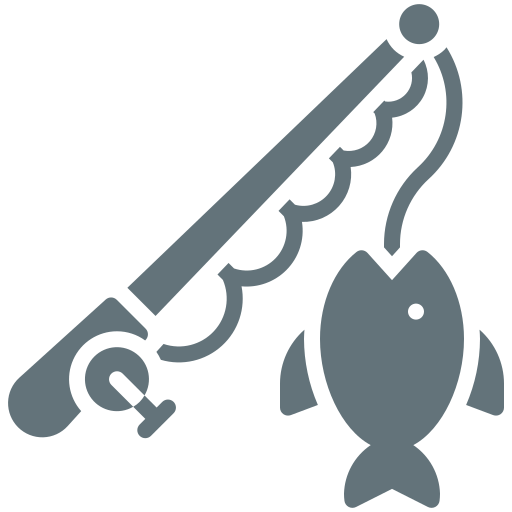Icon of a fishing rod with a line and hook catching a fish, inspired by a Fishing Guide. The fish is below the rod, connected by the line. The design is simple and monochromatic.