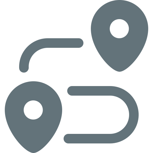 Icon showing two map location pins connected by curved lines, symbolizing navigation, travel, or a mapped route—perfect for a Fishing Guide planning routes. The design is simple and monochromatic.