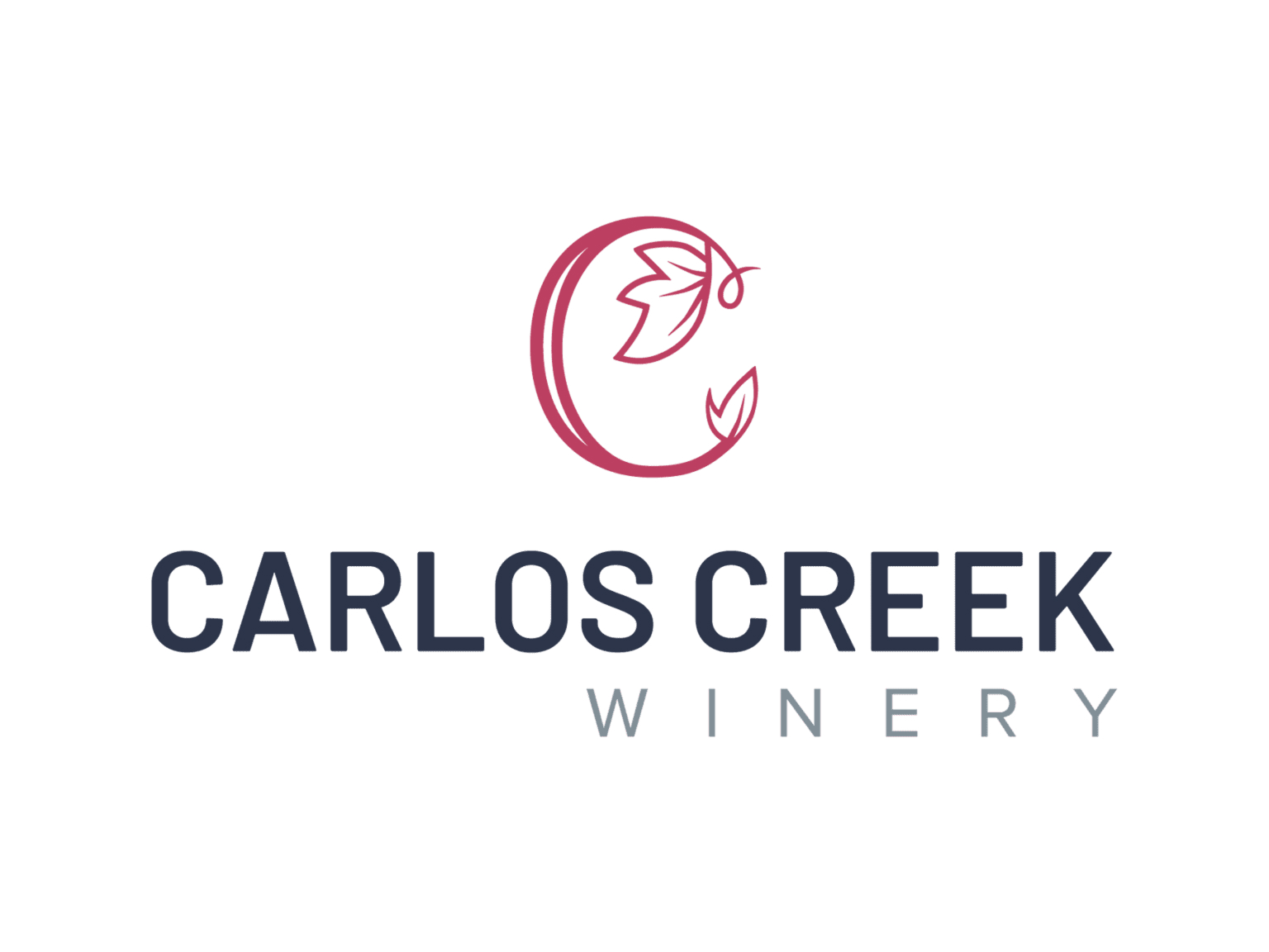 Logo for Carlos Creek Winery featuring a stylized letter "C" formed by a red curved line with a grapevine leaf and tendril, above the bold text "CARLOS CREEK" and lighter text "WINERY" below.