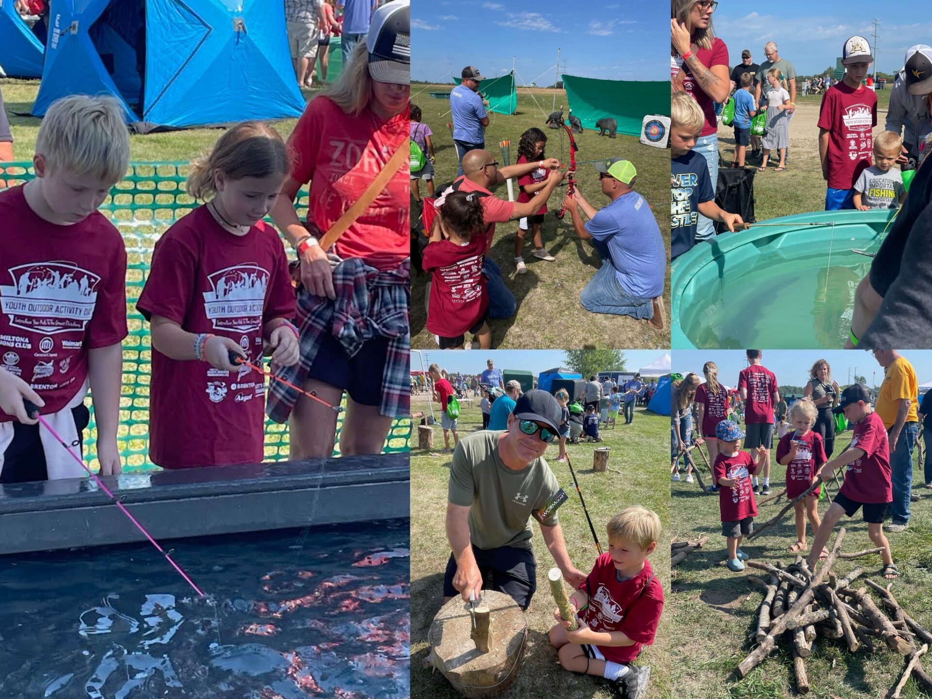 Children and adults participate in Outdoor Activity Day, enjoying fishing in tanks, roasting marshmallows, and group games at a sunny community event. Many attendees wear matching red t-shirts.