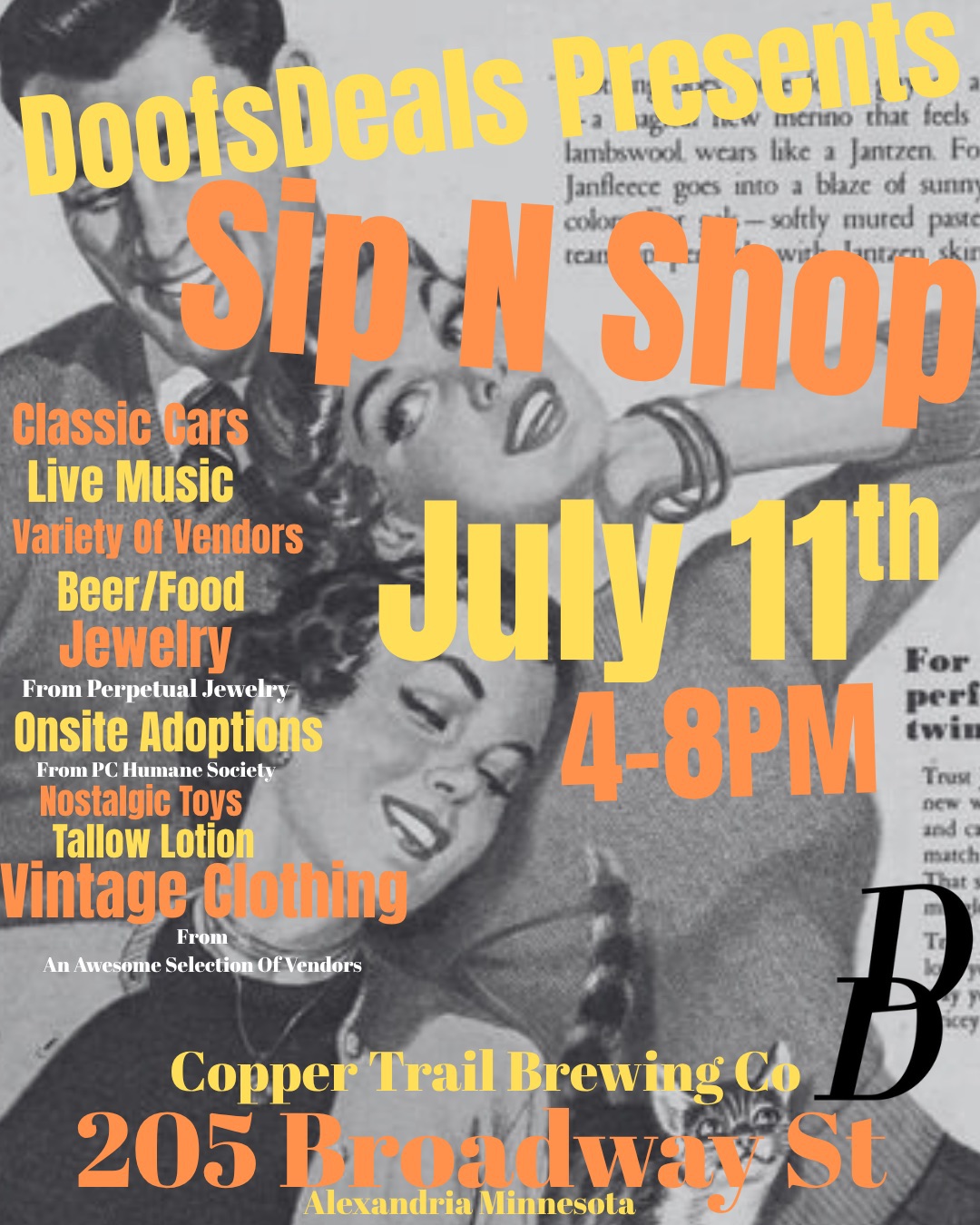 Retro poster for Sip n Shop: two smiling women, bold event details. July 11th, 4–8 PM at Copper Trail Brewing Co, 205 Broadway St, Alexandria, MN. Enjoy vendors, live music, great brewing vibes, beer, and food!.