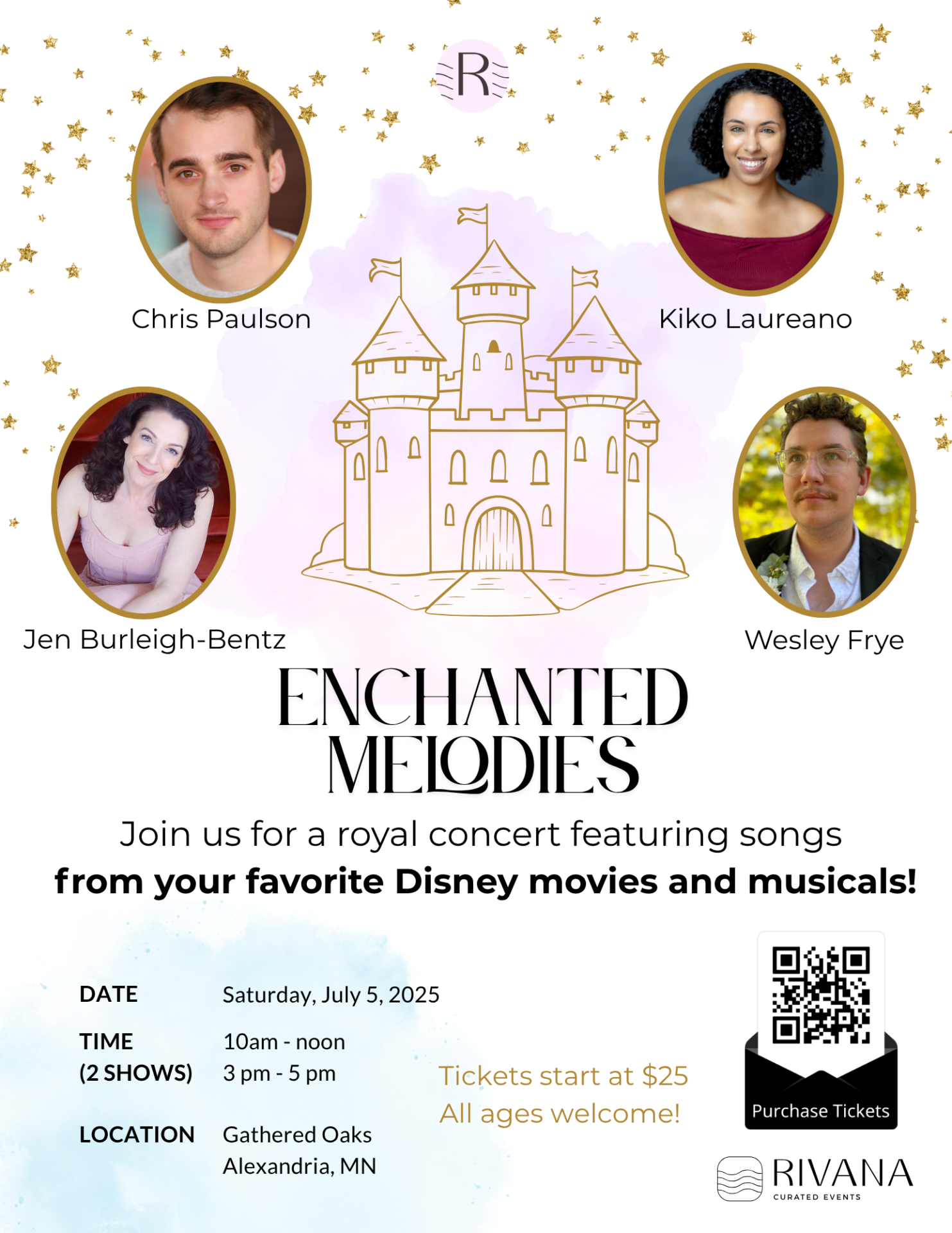Concert flyer for "Enchanted Melodies," a Disney cabaret concert, featuring four headshots above a castle drawing. Event details, date, time, location, ticket price, QR code, and Rivana Concert Series logo are included.