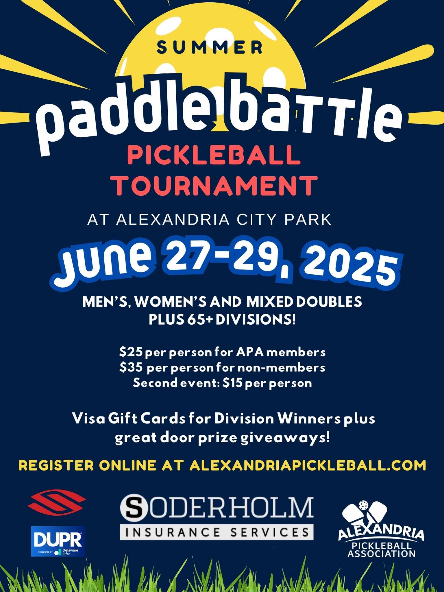 Colorful flyer for the Paddle Battle Pickleball Tournament at Alexandria City Park, June 27-29, 2025, featuring details on divisions, entry fees, prizes, and pickleball registration info, plus sponsor logos at the bottom.