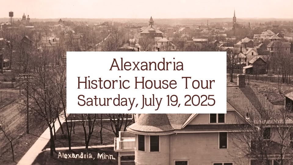 Sepia-toned aerial view of Alexandria, Minnesota, highlighting historic houses and a church steeple, promotes the Alexandria Historic House Tour, Saturday, July 19, 2025.