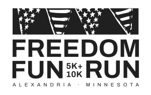 Black and white graphic with stylized American flag banners above bold “Freedom Fun Run 5K+10K” text, and smaller text below: “Alexandria · Minnesota.”.