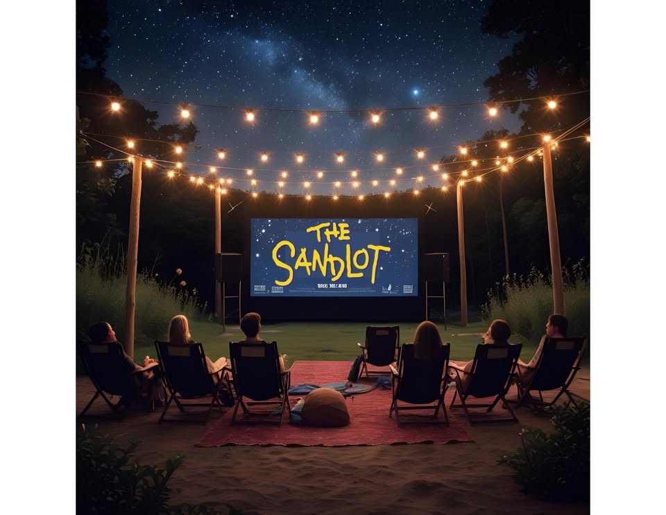 A group of people sit in lounge chairs watching The Sandlot on an outdoor screen under the stars, with string lights overhead, surrounded by trees and a starry sky.