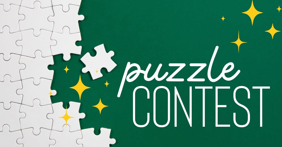 White puzzle pieces on the left of a green background with yellow stars. On the right, "puzzle CONTEST" is written in playful, bold white fonts—brought to you by Ollie Birch Boutique Lounge.