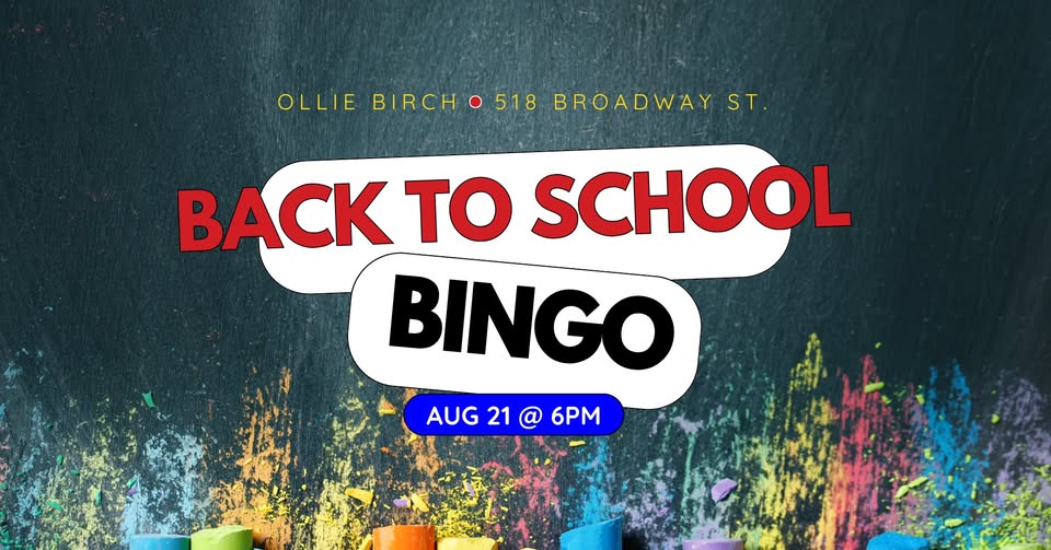 Chalkboard background with colorful chalk pieces at the bottom. Text reads: “Ollie Birch, 518 Broadway St. Back to School BINGO at The Lounge. Aug 21 @ 6PM.”.