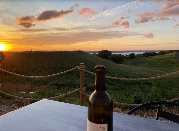 A wine bottle sits on a table outdoors at sunset, overlooking grassy hills and a body of water—inviting you to unwind after a Savor Tour. The scene captures the perfect ending to a day exploring and tasting under a partly cloudy sky.