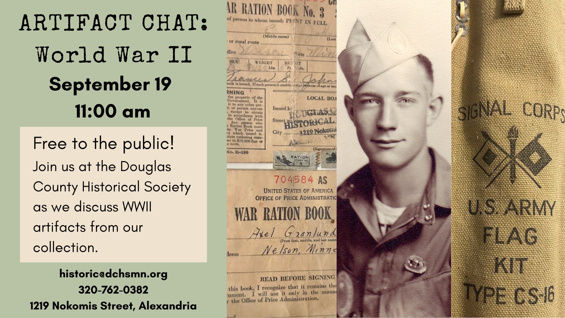 Event flyer for "Artifact Chat: WWII" on September 19 at 11:00 am. Discover WWII artifacts, a vintage soldier photo, ration books, and a US Army flag kit. Free to the public at Douglas County Historical Society.