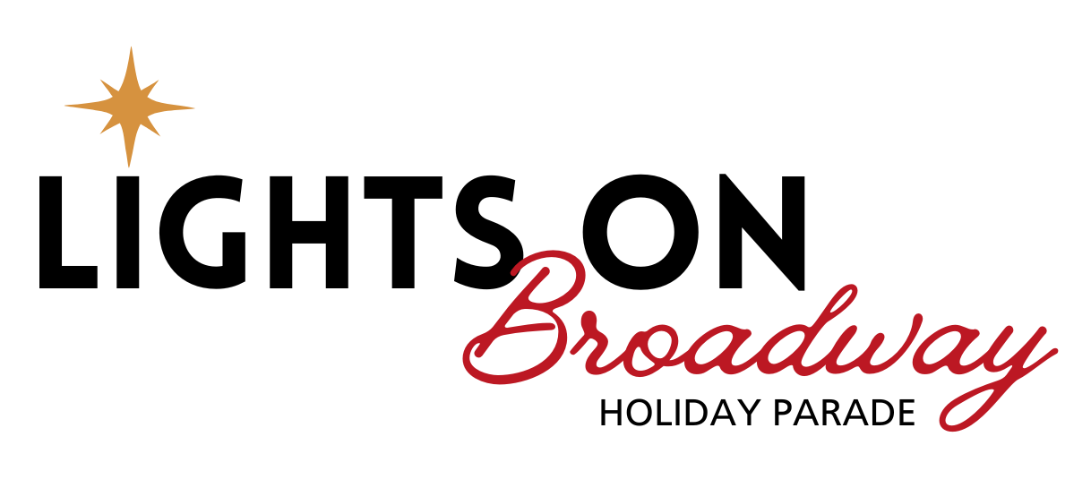 Logo with a gold star above the bold black words “Lights On,” with “Lights on Broadway” in red script, and “Holiday Parade” in smaller black type underneath, all set on a white background.