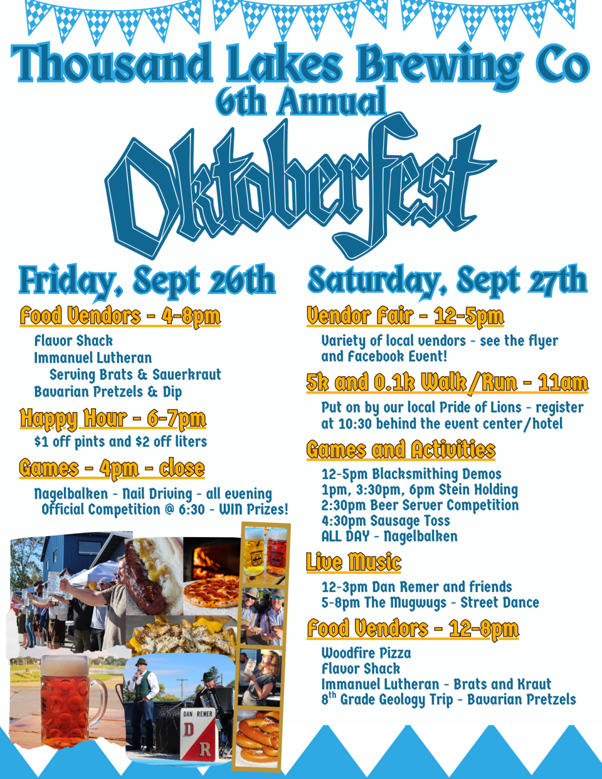 A colorful Oktoberfest event poster features activities for Sept 26–27: food vendors, happy hour, games, a vendor fair, 5k & 1.1k run/walk, live music from Thousand Lakes Brewing, plus prizes and local foods in a blue and yellow festive design.