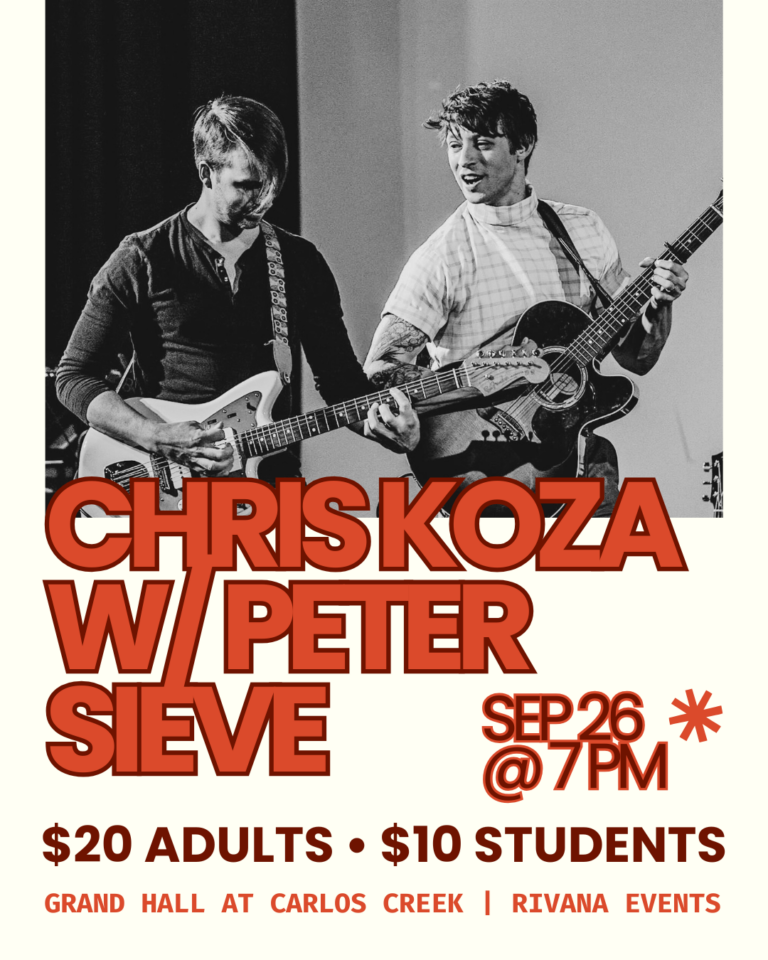 Two musicians play electric guitars on stage at this concert. Bold red text announces “Chris Koza w/ Peter Sieve, Sep 26 @ 7pm.” Ticket prices and venue details are listed at the bottom of the image.