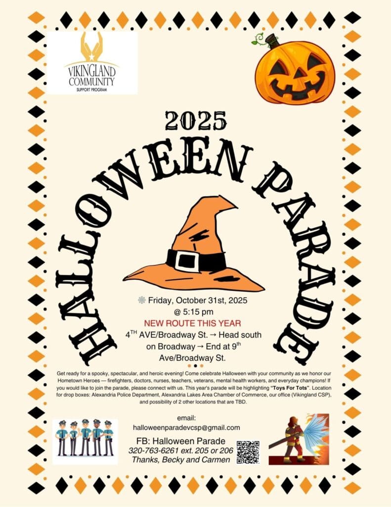 Flyer for the 2025 Downtown Alexandria Halloween Parade featuring a witch hat illustration, jack-o’-lantern, and festive borders. Includes event details for Friday, October 31st, 2025, at 5:15 pm and contact information.