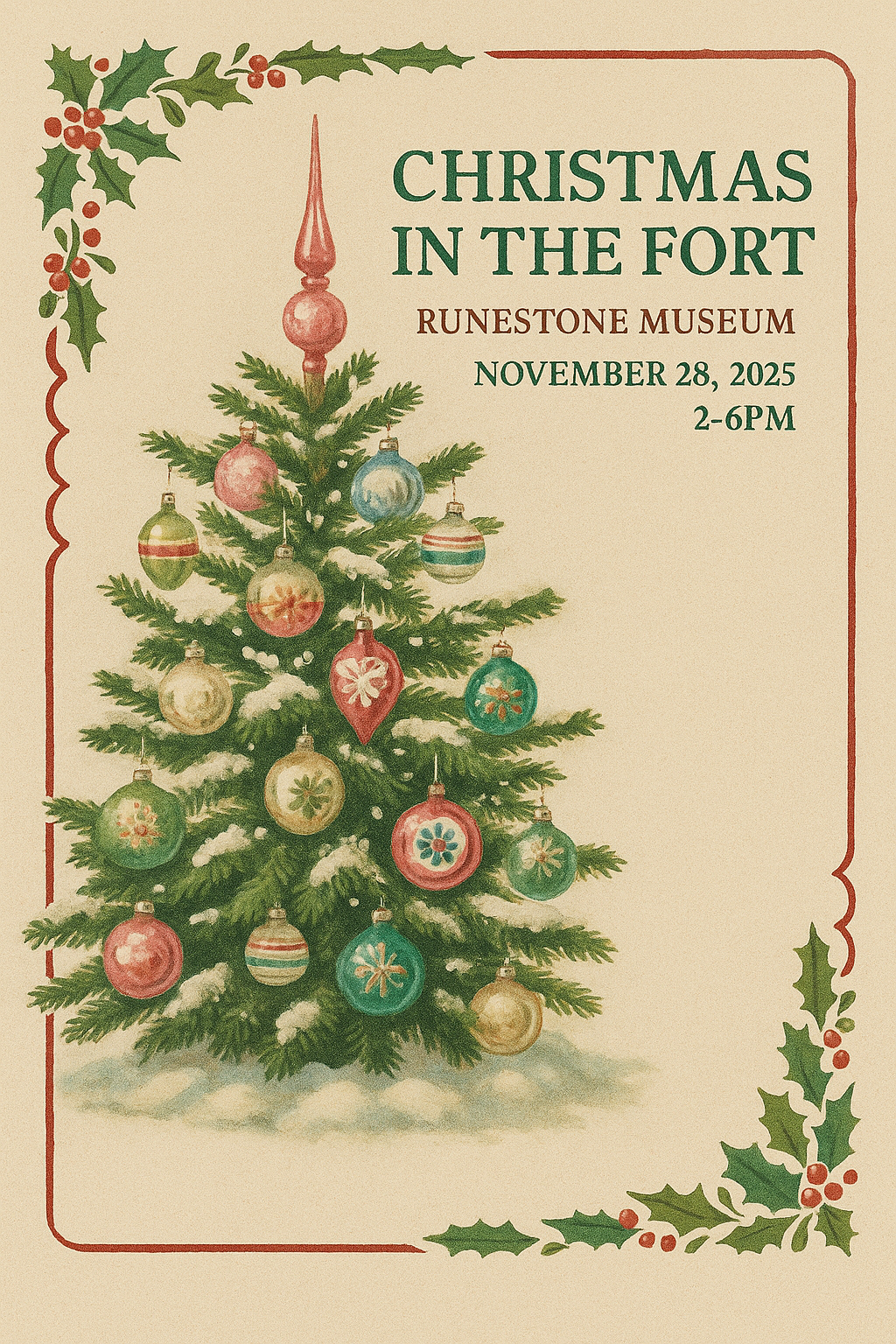Vintage-style holiday poster featuring a decorated Christmas tree with ornaments, holly border, and festive “Christmas in the Fort” text: Runestone Museum, November 28, 2025, 2-6 PM.