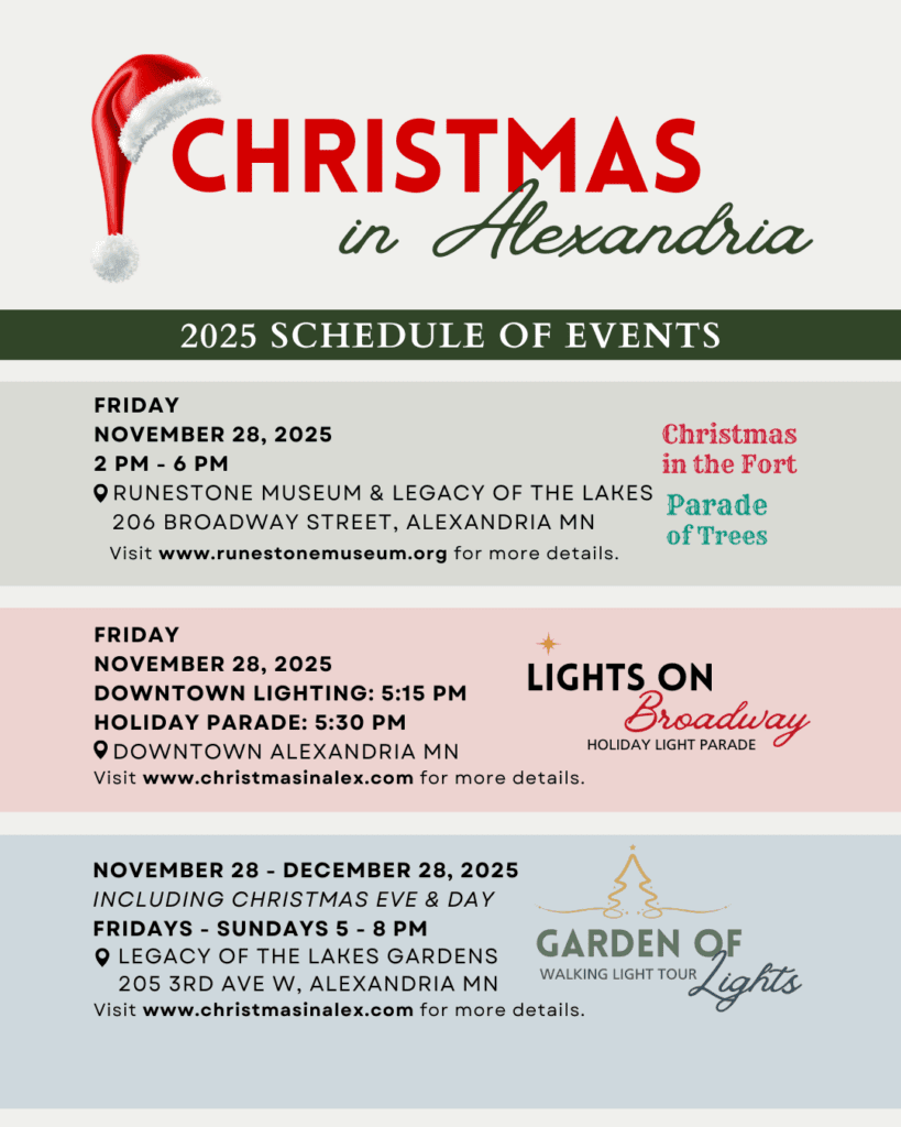 Event flyer with festive graphics and schedule for Alexandria, MN, listing events from November 28 to December 28, 2025, including Christmas In Alex celebrations like Christmas in the Fort, Lights on Broadway, and Garden of Lights.