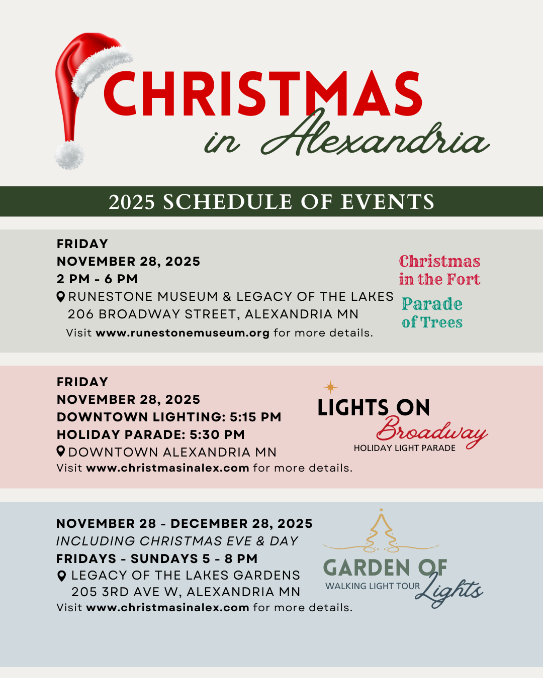 Event flyer with festive graphics and schedule for Alexandria, MN, listing events from November 28 to December 28, 2025, including Christmas In Alex celebrations like Christmas in the Fort, Lights on Broadway, and Garden of Lights.