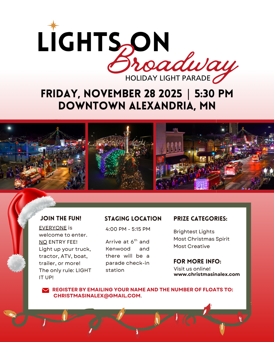A festive event poster for the "Lights on Broadway Holiday Light Parade"—part of Christmas In Alex—on Nov 28, 2025, in Alexandria, MN, featuring colorful parade photos, event details, prize categories, and entry instructions with holiday decorations.
