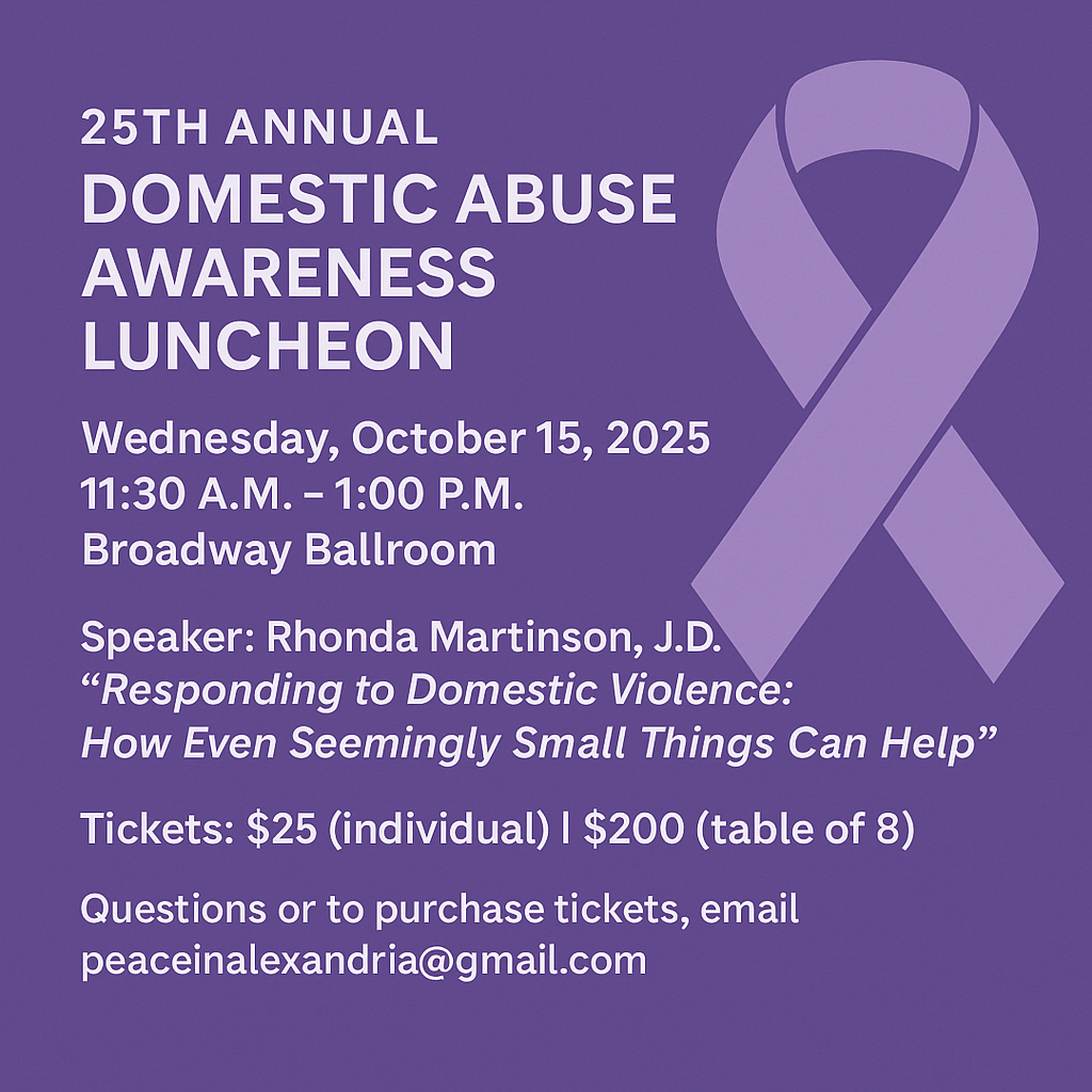 Event flyer for the 25th Annual Domestic Abuse Awareness Luncheon, featuring a purple ribbon. Details about the Awareness Luncheon, speaker info, ticket prices, and contact email are displayed on a purple background.