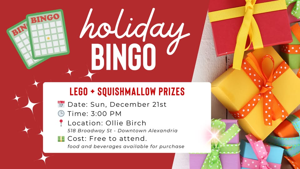 Festive holiday bingo event flyer with wrapped gifts and bingo cards. Text advertises “Family Friendly Holiday Bingo” with LEGO and Squishmallow prizes, December 21st, 3 PM at Ollie Birch. Free to attend—bring the whole family!.