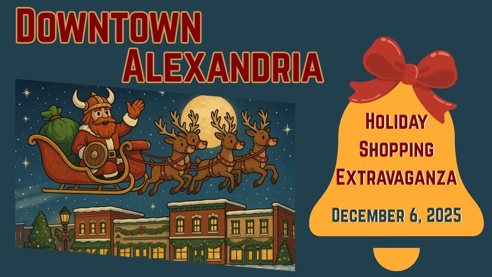 A festive graphic for Downtown Alexandria’s Holiday Shopping Extravaganza on December 6, 2025, featuring a Viking Santa in a sleigh pulled by reindeer above snow-covered shops, with Shopping Extravaganza text on a yellow bell.