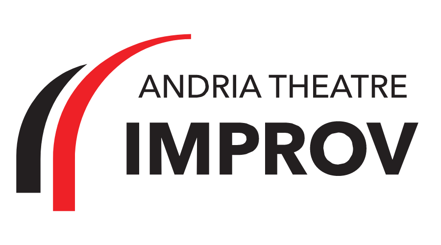Logo for Andria Theatre Improv featuring two curved lines, one black and one red, followed by the text “ANDRIA THEATRE” above bold black “IMPROV”—perfect for promoting their NYE Improv Show on a light background.
