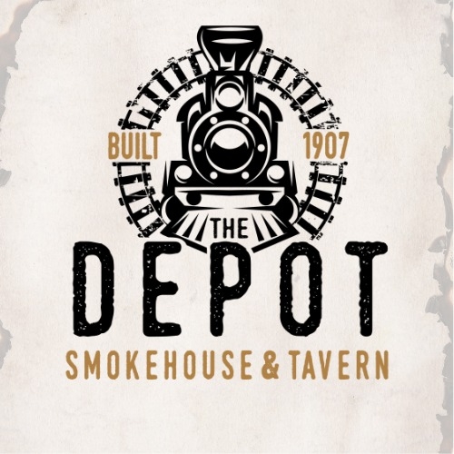 Logo for "The Depot Smokehouse & Tavern" featuring a black steam locomotive, railroad tracks, and "Built 1907" in gold. The vintage, rustic design on a textured background captures the spirit of The Depot’s live music and classic charm.