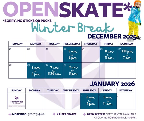 Calendar for Open Skate during Winter Break 2025-2026 with schedule details in December and January, a child in winter gear, and a note that skates are available for rental. Admission is $2 per skater. No sticks or pucks allowed.