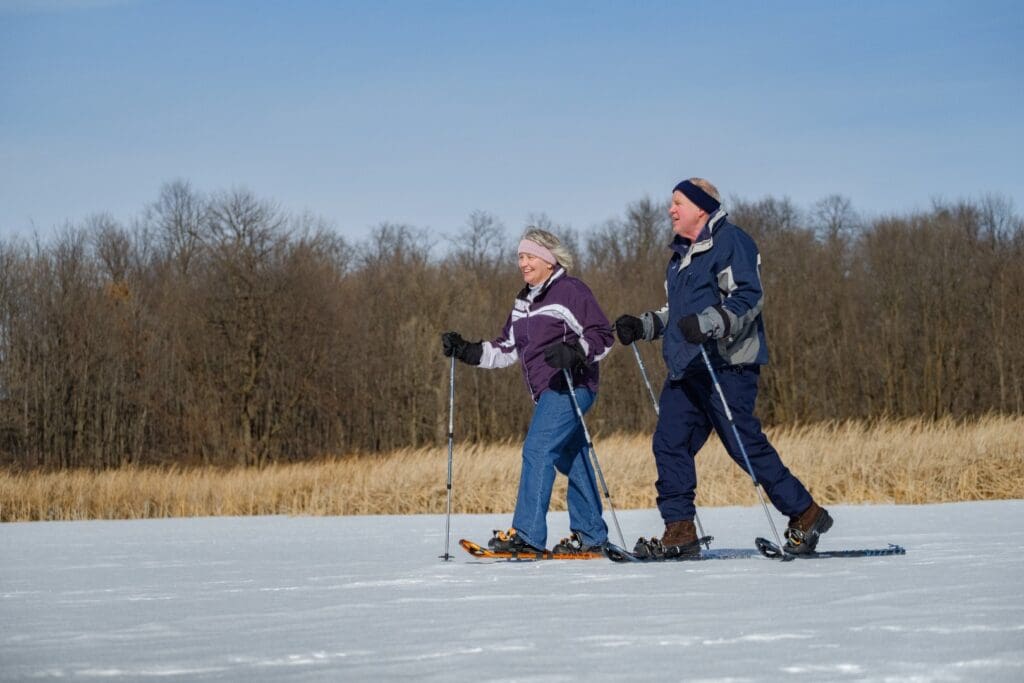 An older couple in winter clothing snowshoeing on a snowy field near Alexandria MN, using poles with dry grass and leafless trees in the background under a clear blue sky—perfect for those who want to rent outdoor equipment for winter adventures.