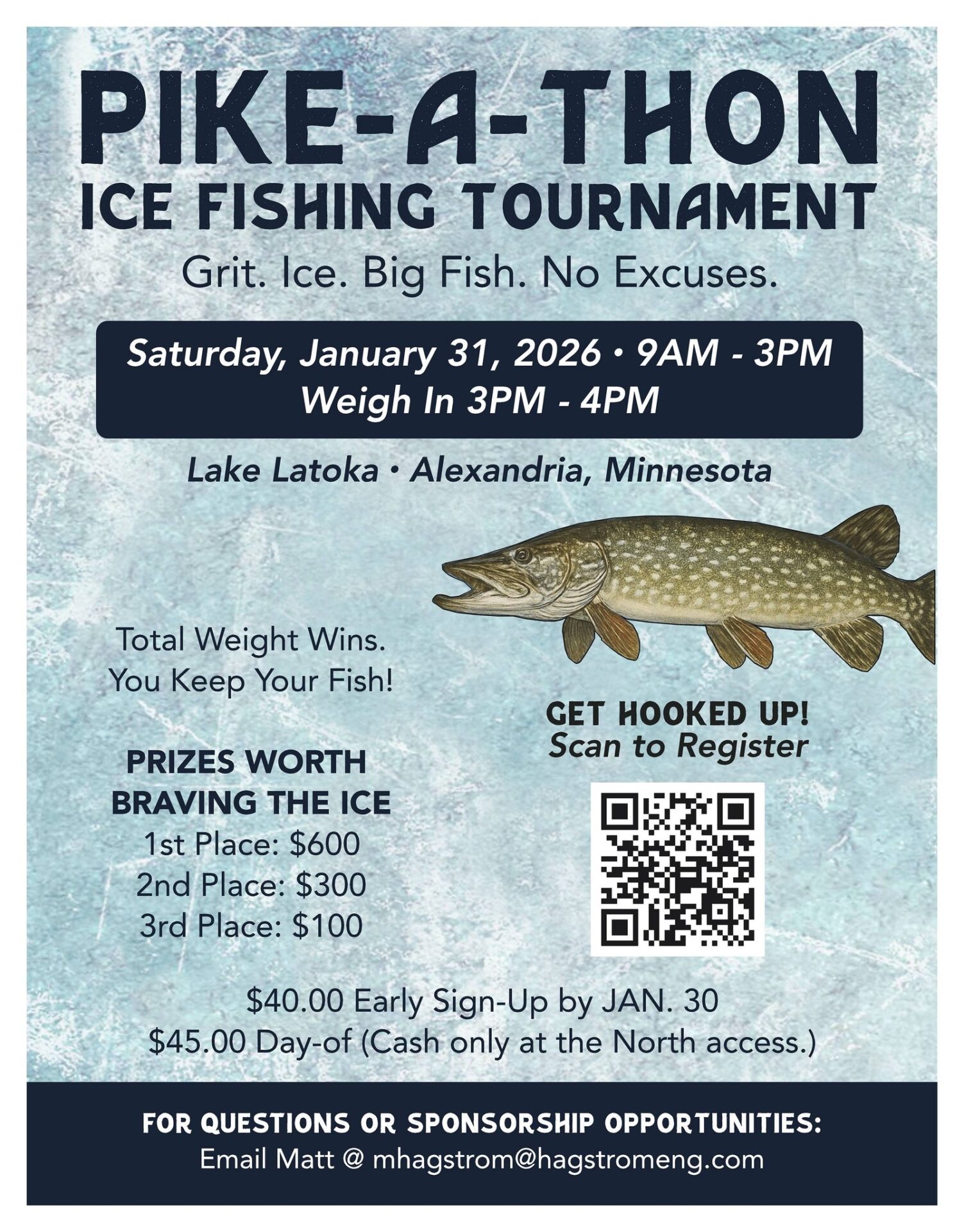Flyer for Pike-A-Thon Ice Fishing Tournament on January 31, 2026, at Lake Latoka, Alexandria, MN. Features event times, prizes, entry fees, a fish image, and a QR code to register. Text provides full tournament details.