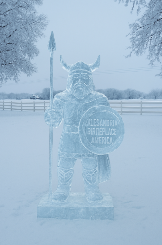 An ice sculpture of a Viking warrior holding a spear and a shield that reads "Alesandria Birthplace America," set outdoors in snowy Alexandria, Minnesota, captures the spirit of a winter celebration amid trees and a wooden fence.