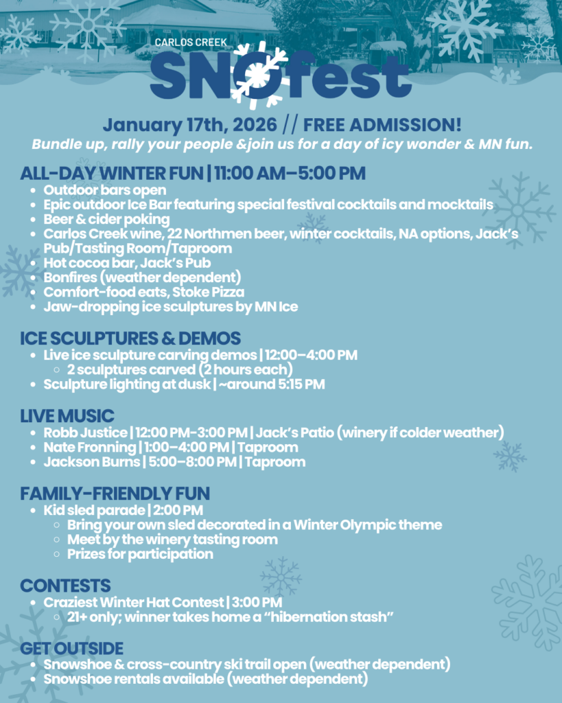 A blue winter-themed flyer for Carlos Creek SNOfest on January 17, 2026, in Alexandria Minnesota. Enjoy outdoor bars, winter activities, ice sculptures, demos, live music, kids’ events, family fun, and cross-country skiing—a true Winter celebration!.