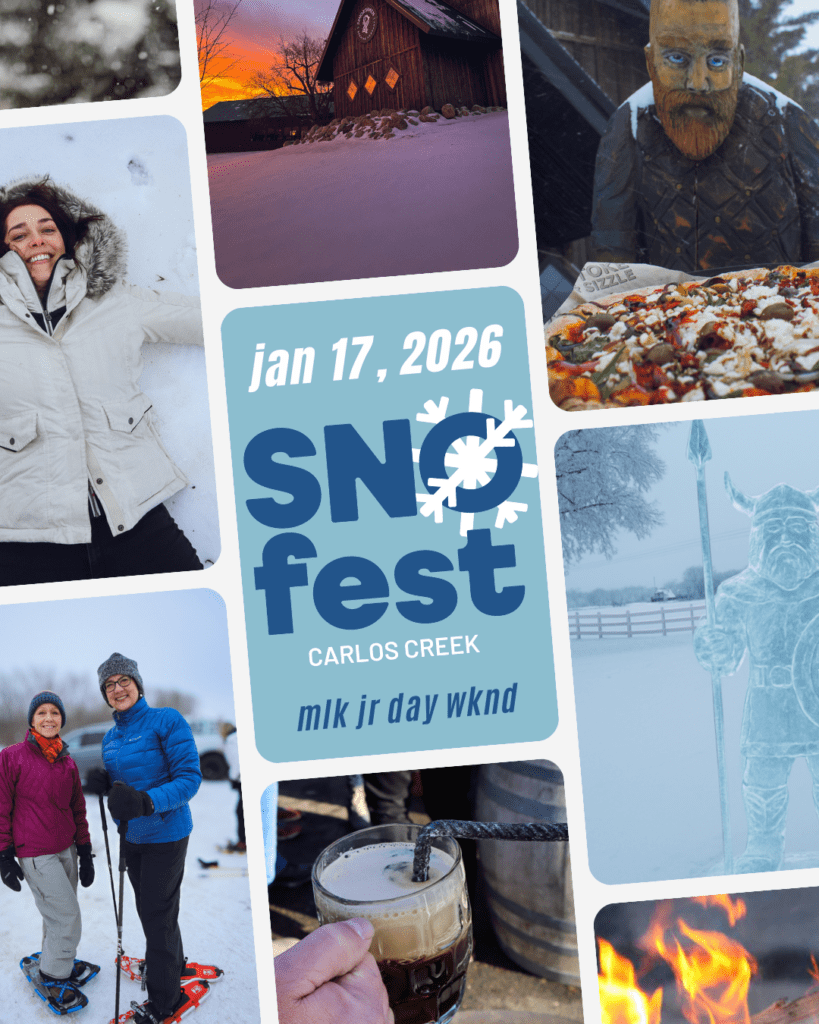 Collage for SNO Fest at Carlos Creek, part of the Alexandria Winter Festivals, Jan 17, 2026, MLK Jr Day weekend. Features snowshoeing, winter food, bonfire, snowy barn, wood/ice Viking statues. Central text highlights event name and date.
