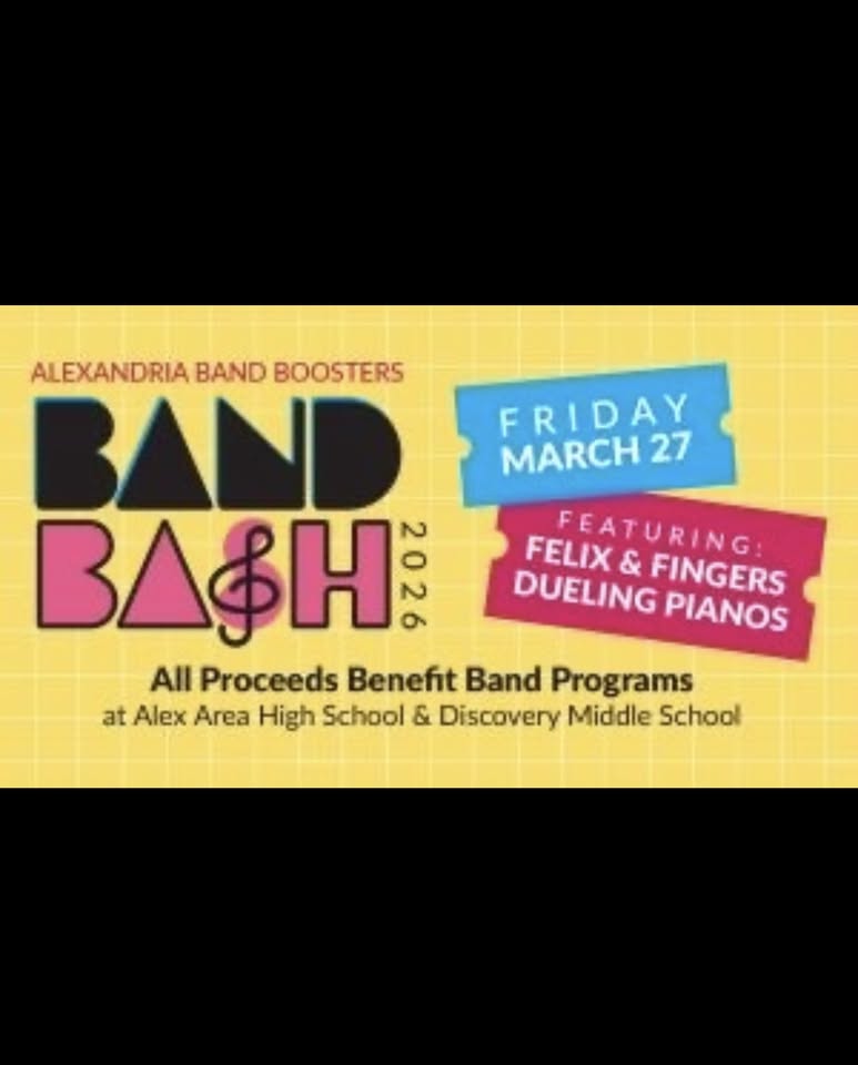 Event flyer for Band Bash 2026 by Alexandria Band Boosters, happening Friday, March 27. This exciting 2026 music event features “Felix & Fingers Dueling Pianos.” Proceeds benefit band programs at Alex Area High School and Discovery Middle School.