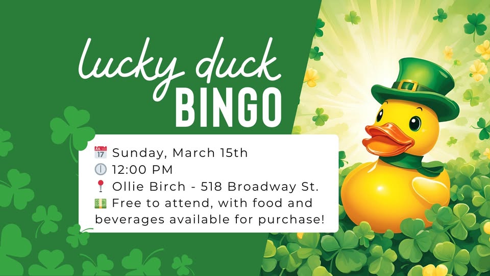 Event flyer for "Lucky Duck Bingo" showcases a cheerful yellow rubber duck in a green leprechaun hat, surrounded by shamrocks. Join the Lucky Duck Bingo fun—event details include date, time, location, and free entry information.