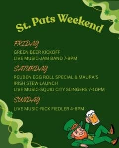 St. Patrick's Day Weekend event flyer for Copper Trail Brewing features a leprechaun holding a beer, green beer kickoff, jam band Friday, food specials and live music Saturday, Rick Fiedler Sunday—all framed by a festive green shamrock border.