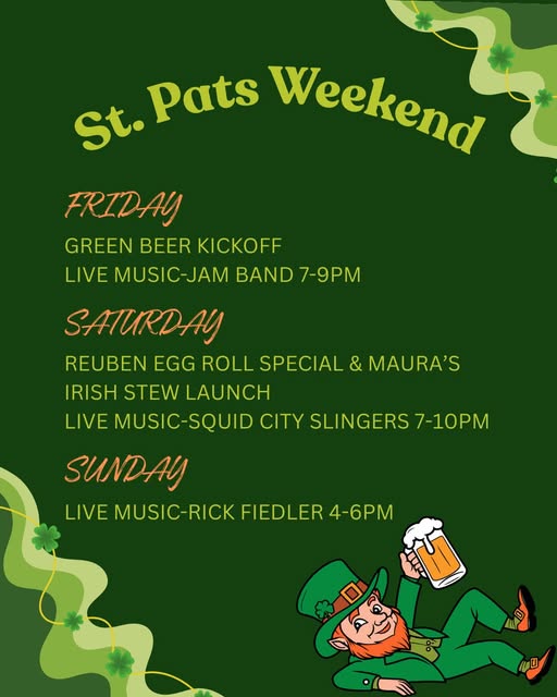 St. Pats Weekend event flyer for Copper Trail Brewing features a leprechaun holding a beer, green beer kickoff, jam band Friday, food specials and live music Saturday, Rick Fiedler Sunday—all framed by a festive green shamrock border.