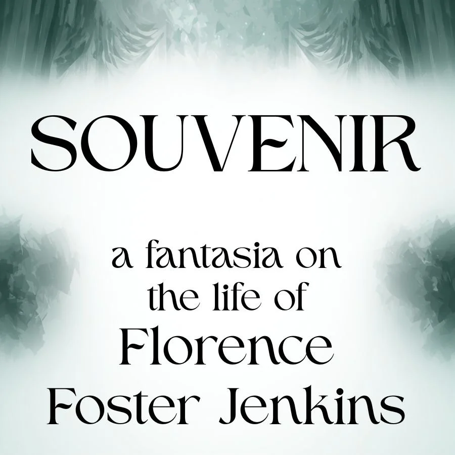 Text on a misty background reads: "SOUVENIR, a fantasia on the life of Florence Foster Jenkins" in stylized black font. The upper corners have soft greenish-gray shading and faint curtain-like patterns.