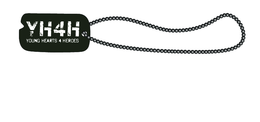 A military-style black dog tag with a ball chain. The tag displays "YH4H" in a bold, distressed font above "YOUNG HEARTS 4 HEROES," perfect for commemorating the Young Hearts 4 Heroes 5K Run or 1 Mile March.