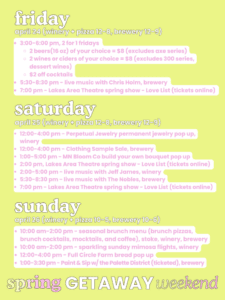 A pastel-colored schedule details Carlos Creek’s Spring Getaway Weekend, featuring live music, jewelry pop-ups, brunch, and local drinks at their winery, pizza, and brewery venue. "Spring GETAWAY weekend" is highlighted.