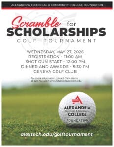 Poster for Alexandria Technical & Community College Foundation’s Golf Tournament Scramble on May 27, 2026, at Geneva Golf Club. Highlights scholarships, event times, contact info, and a golf ball with the college logo on grass in the foreground.