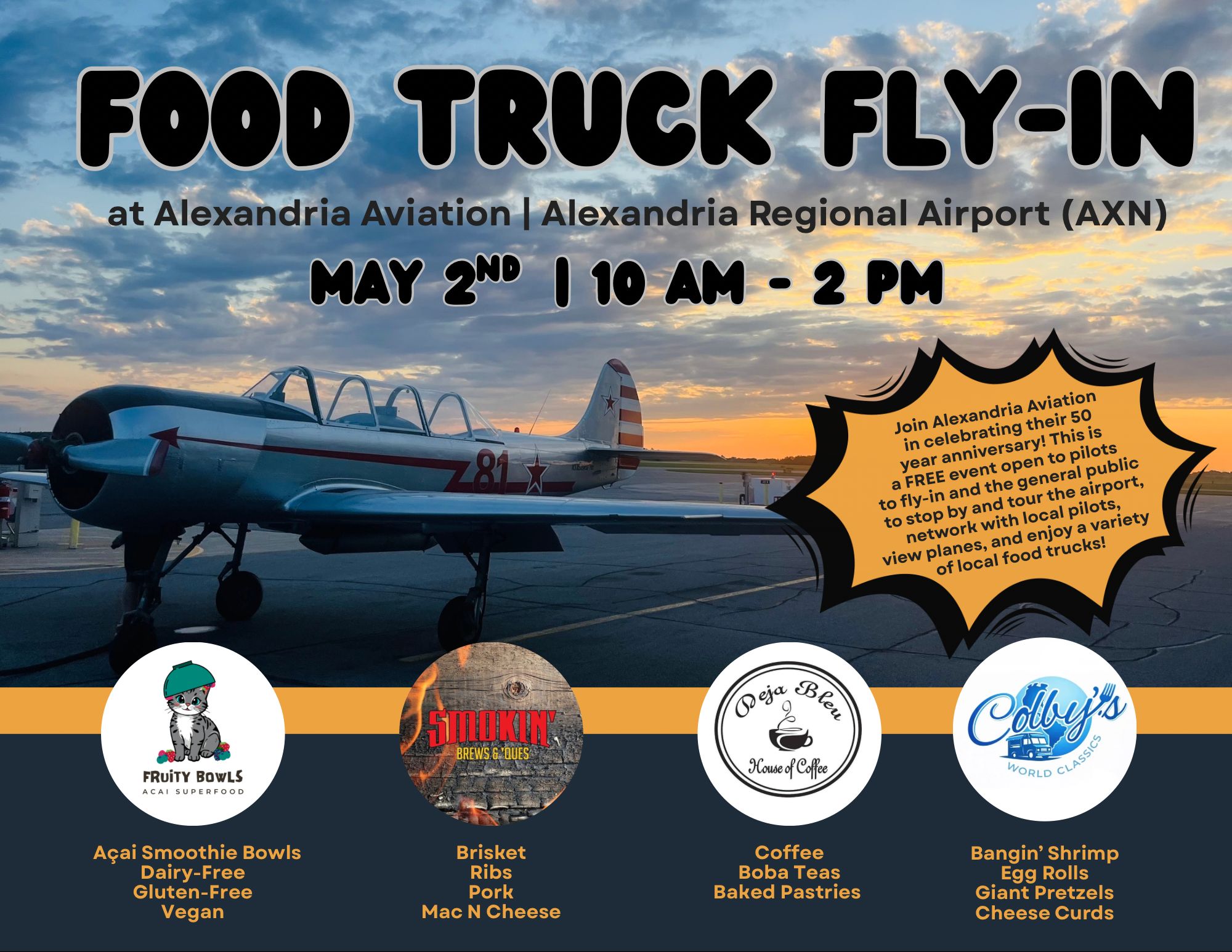 A promotional flyer for the "Food Truck Fly-In & Open House" at Alexandria Regional Airport on May 2, 10 AM–2 PM, featuring a vintage airplane, Airport Food Truck logos, event details, and delicious food offerings.